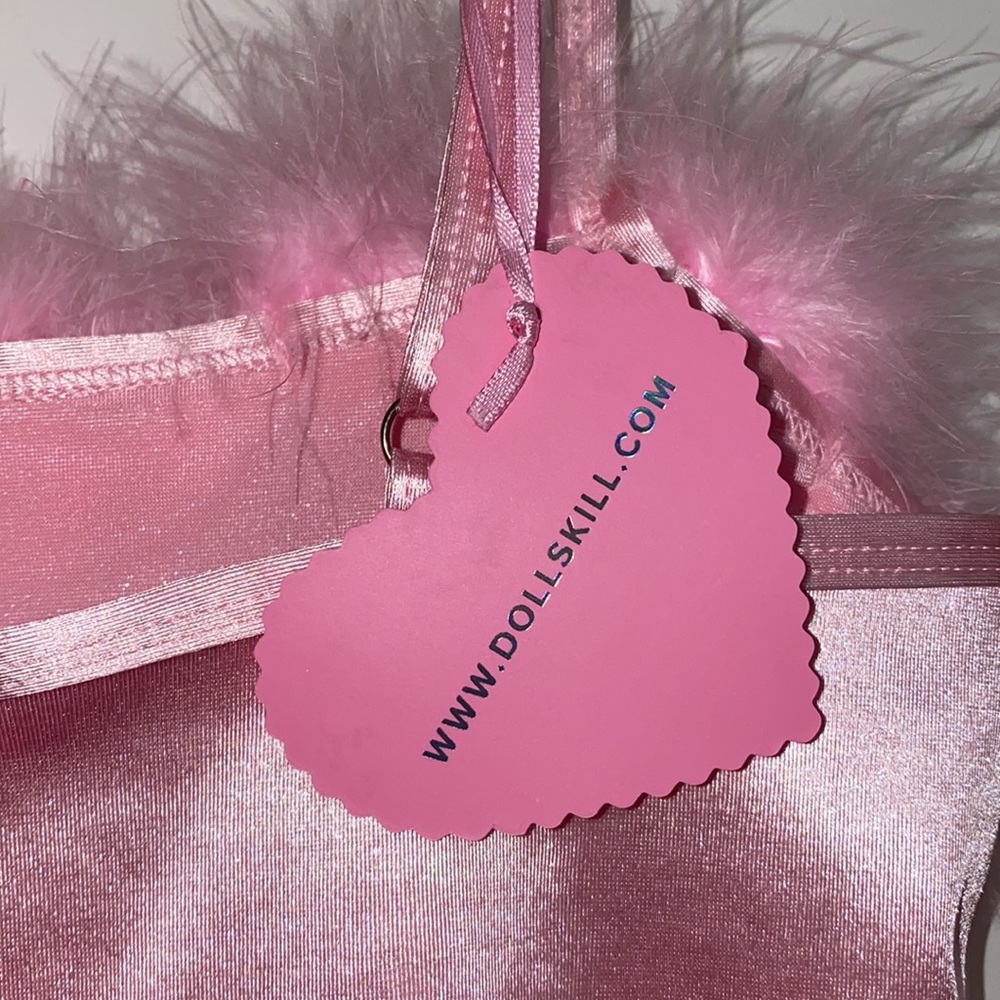 RARE Dolls Kill Pink Fluffy Feather Satin Crop Top - Picture 7 of 9